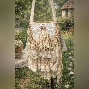 Ruffled Shabby Cottage Core Crossbody Bag Upcycled Lined Vtg Lace Adj Strap